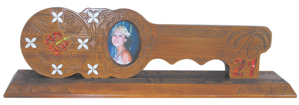 Island design with photo frame, inlay hibiscus, frangipani and 21, on a base