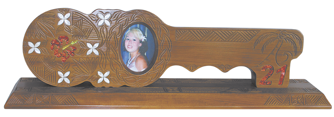 Island design with photo frame, inlay hibiscus, frangipani and 21, on a base