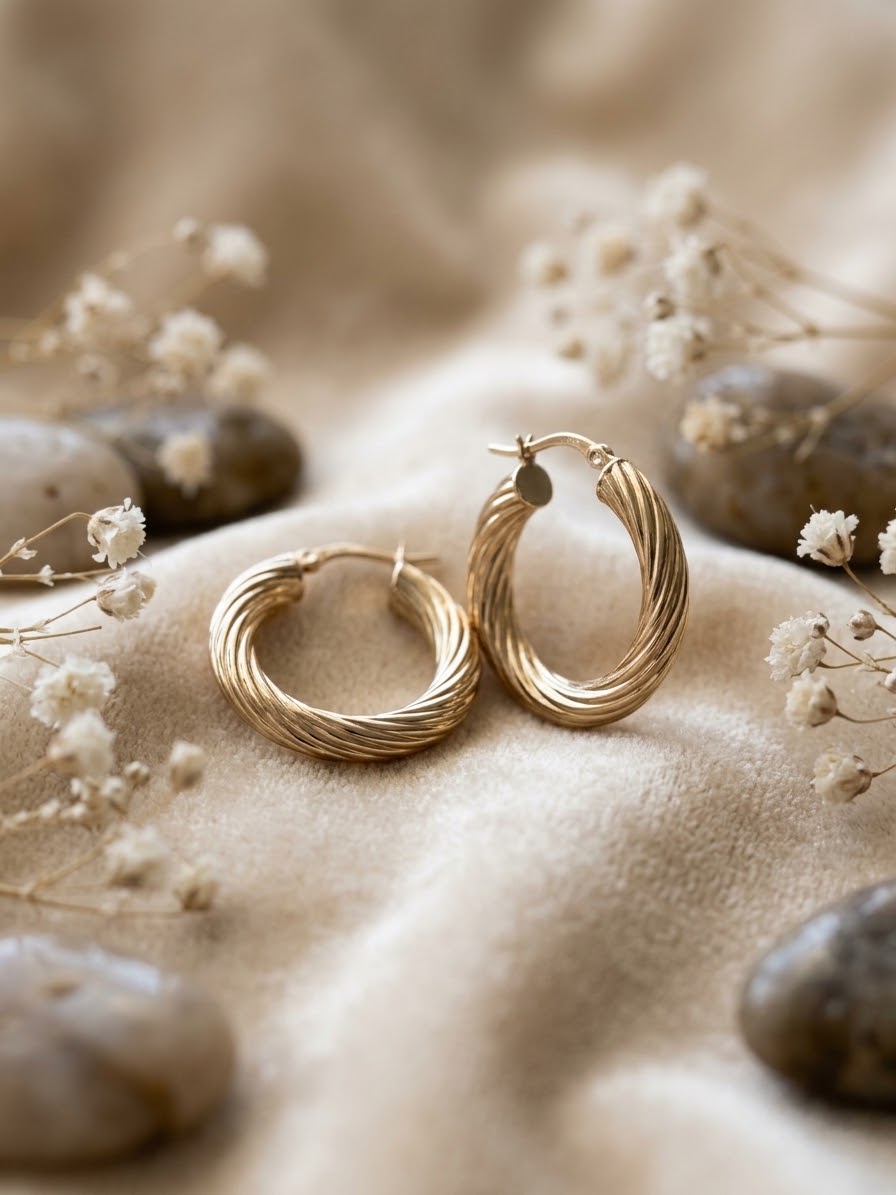 9ct Textured Hollow Hoops 15mm