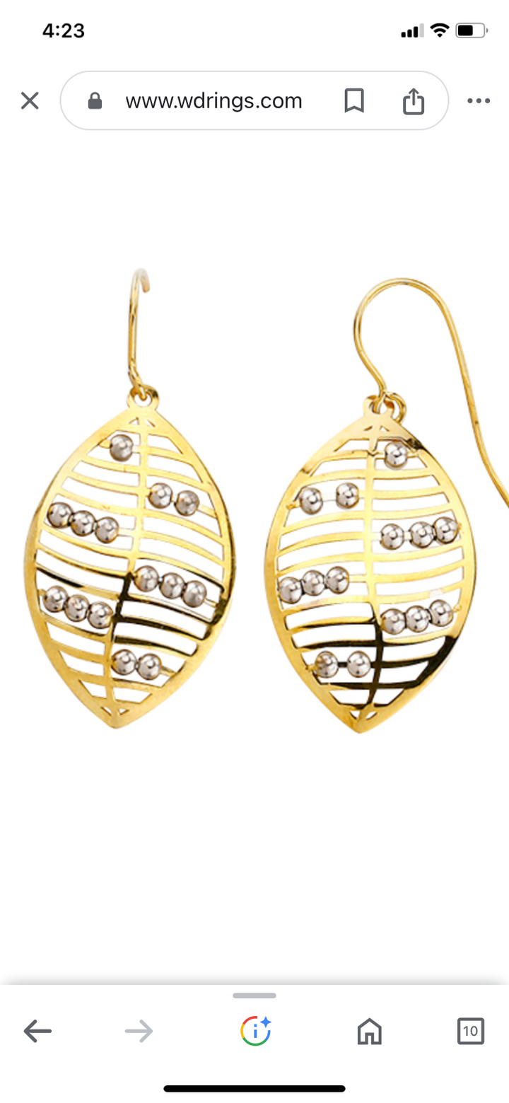 9 carat yellow gold and silver bonded leaf drop earrings