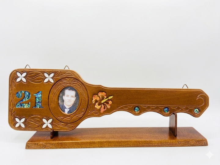 Island design with photo frame, inlay hibiscus, frangipani and 21, on a base